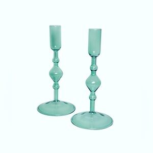 Mint Green Art Glass Taper Candlestick Holders - 7.5” Tall - Set Of 2